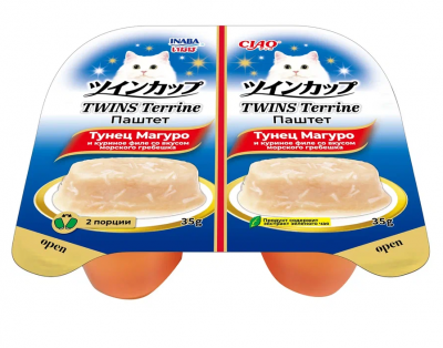 Inaba Ciao Twins Terrine 0,07кг (35г*2шт) RU1201 Паштет для кошек тунец Магуро и куриное филе со вкусом морского гребешка Inaba Ciao Twins Terrine 0,07кг (35г*2шт) RU1201 Паштет для кошек тунец Магуро и куриное филе со вкусом морского гребешка