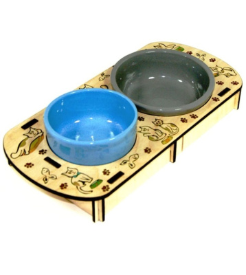 Комплект (Меридиан) подставка + 2 миски 0,2-0,3л, Котики, керамика, голубая и серая