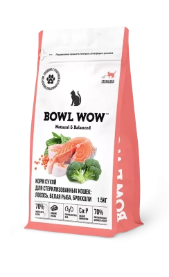 Bowl Wow 1,5кг с лососем, белой рыбой и брокколи сухой для стерилизованных кошек (663164)