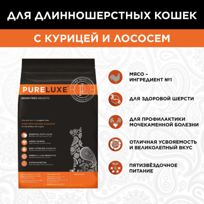 PURELUXE 0,4кг Элитное Питание для длинношерстных кошек с курицей и лососем (940149)