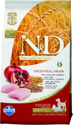 Фармина Н&Д Лоу Грэйн Дог с курицей и гранатом Лайт для собак средних мелких  пород 2,5кг (030504)