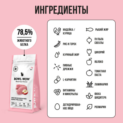 Bowl Wow 0,4кг с индейкой и яблоком сухой для кошек (660958) Bowl Wow 0,4кг с индейкой и яблоком сухой для кошек (660958)