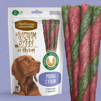 Деревенские лакомства 0,1кг Чистим зубы Роллы с уткой для собак (79212631)