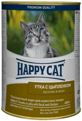 Happy Cat 0,4кг утка и цыпленок кусочки в желе для кошек (405893)