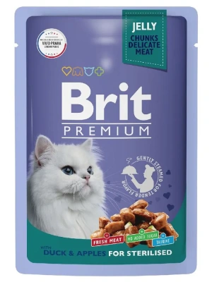 Brit Premium 0,085кг утка с яблоками в желе пауч для стерилизованных кошек (5050208)