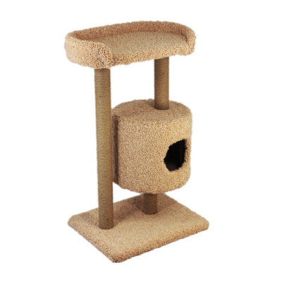 Домик (Меридиан) когтеточка Круглый с площадкой, джут, ковролин (52*52*105) бежевый для кошек