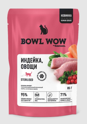 Bowl Wow 0,085кг индейка и овощи в кусочки в желе для стерилизованных кошек (665069)