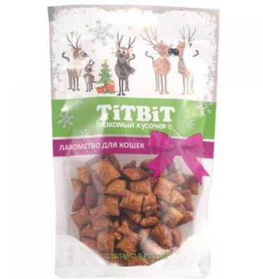 TiTBiT 0,05кг хрустящие подушечки для кошек с паштетом из лосося (Новогодняя коллекция) 
