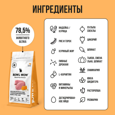 Bowl Wow 0,4кг с индейкой и тыквой сухой для кошек с чувствительным пищеварением (660859) Bowl Wow 0,4кг с индейкой и тыквой сухой для кошек с чувствительным пищеварением (660859)