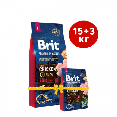 Brit Premium by Nature Dog Adult L 15.0+3.0 курица+рис (для крупных пород 1-7 лет) сухой для собак (538225)
