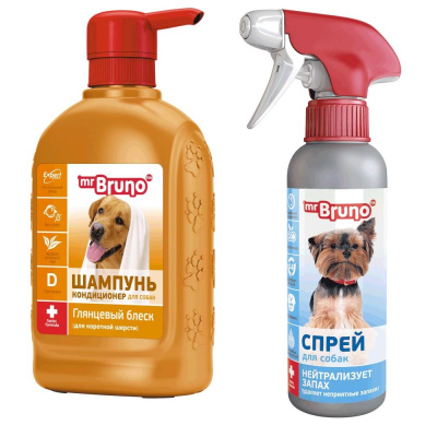 Mr.Bruno: шампунь "Глянцевый блеск" д/длинной шерсти собак, 350мл + 1 спрей нейтр. зап. ПРОМО
