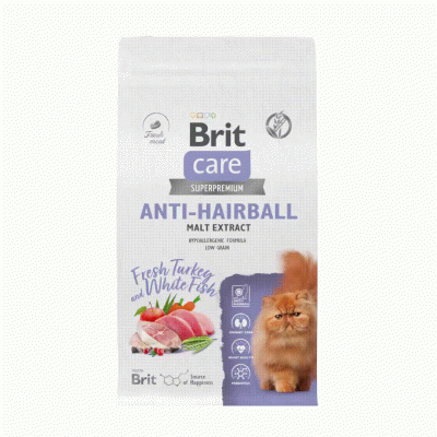 Brit Care Cat Anti-Hairball 7кг белая рыба и индейка сухой для кошек, вывод шерсти (5066278)