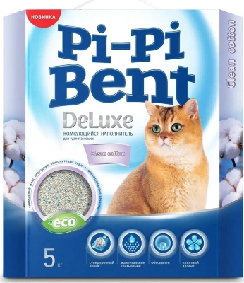 Наполнитель (Pi-Pi-Bent) 5кг DeLuxe Clean cotton комкующийся для кошек