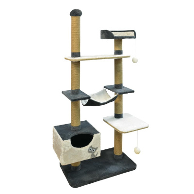 Домик (Зооник) 22096-3 многоуровневый, однотонный мех, пенька. серый (1100х470х1900)