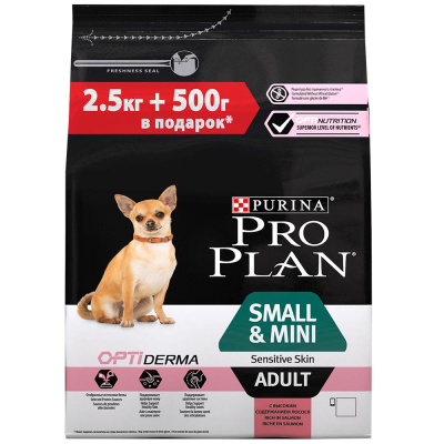 Проплан SensitiveSkin 2,5кг лосось+рис (д/мелких пород чувств.кожа) сухой д/собак + 500гкг (887701)