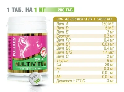 Polidex Multivitum 200таб. витамины для кошек