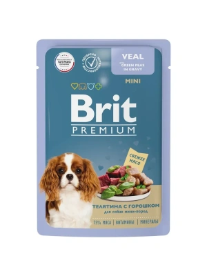Brit Premium 0,085кг телятина с зеленым горошком кусочки в соусе пауч для взрослых собак мини пород (53827)