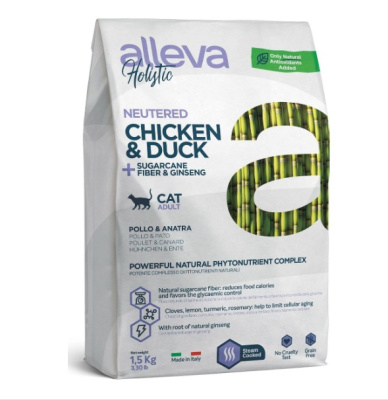 Alleva Holistic Sterilised Cat 0,4кг курица, утка, сахарный тростник, женьшень для стерилизованных и кастрированных сухой для кошек (P00271H)