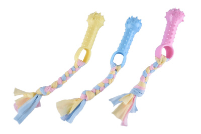 Игрушка Wogy Косточка 9.5х2.7см на веревке l=9см, микс для собак Pink/Blue/Yellow
