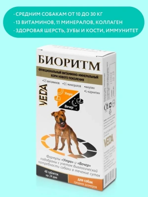 Веда VEDA БИОРИТМ витаминно-минеральный комплекс для собак средних размеров, 48таб. Веда VEDA БИОРИТМ витаминно-минеральный комплекс для собак средних размеров, 48таб.