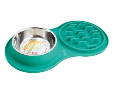 Миска (V.I.Pet) силиконовая двойная, игровая для медленного поедания, с металлической чашей, бирюзовая
