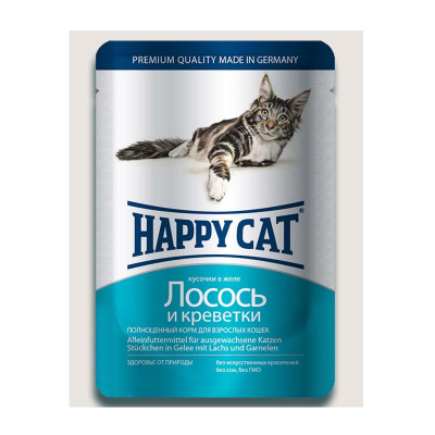 Happy Cat 0,1кг лосось+креветки кусочки в желе для кошек