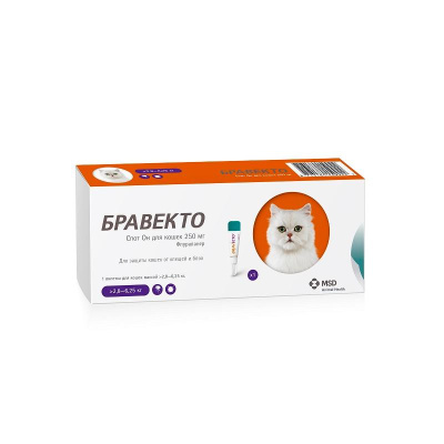 Intervet:  Бравекто СпотОн 250мг (1пип) от блох и клещей для кошек 2,8-6,25кг (на 12 недель)