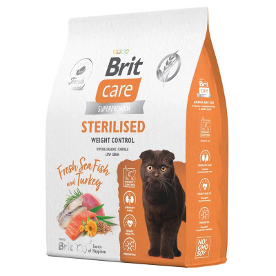Brit Care Cat Superpremium Sterilised 7кг морская рыба и индейка сухой для стерилизованных кошек, контроль веса