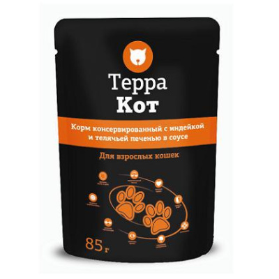 Терра Кот 0,085кг с индейкой и телячьей печенью в соусе влажный для кошек (773960)