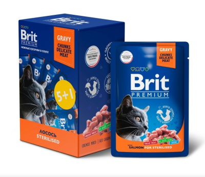 Brit Premium 0,085кг Промо-Набор 5+1 лосось в соусе паучи для взрослых стерилизованных кошек (55111)