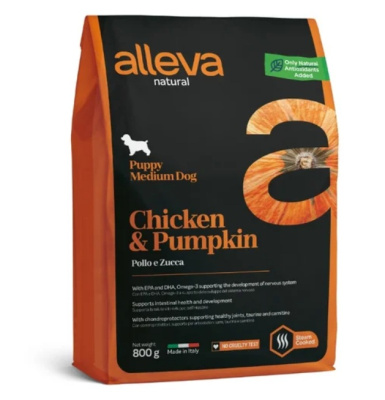 Alleva Natural Puppy 0.8 сухой корм, курица и тыква для щенков средних пород (Р00202)