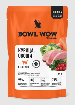 Bowl Wow 0,085кг курица и овощи в кусочки в желе для стерилизованных кошек (665076)