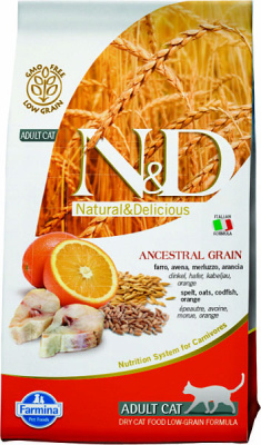 Фармина Н&Д Лоу Грэйн Кэт с треской и апельсином для взрослых кошек 5кг 4045 (032775)