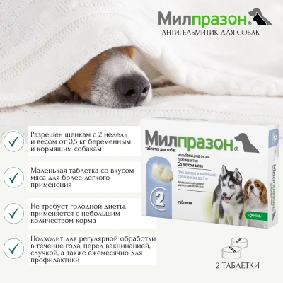 Милпразон (KRKA) 2,5/25мг 2таб. антигельминтик для щенков и собак до 5кг, 1таб./1-5кг (ЛИЦЕНЗИЯ)